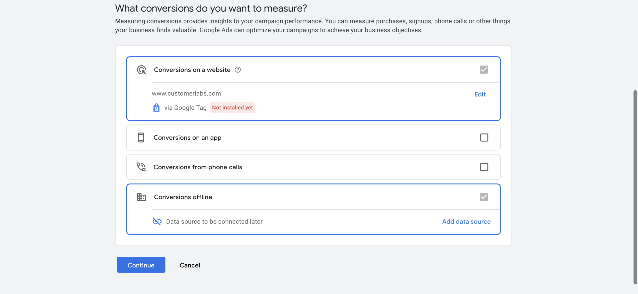 Google Ads new UI dashboard to track conversions on the website, Offline, Phone, and App